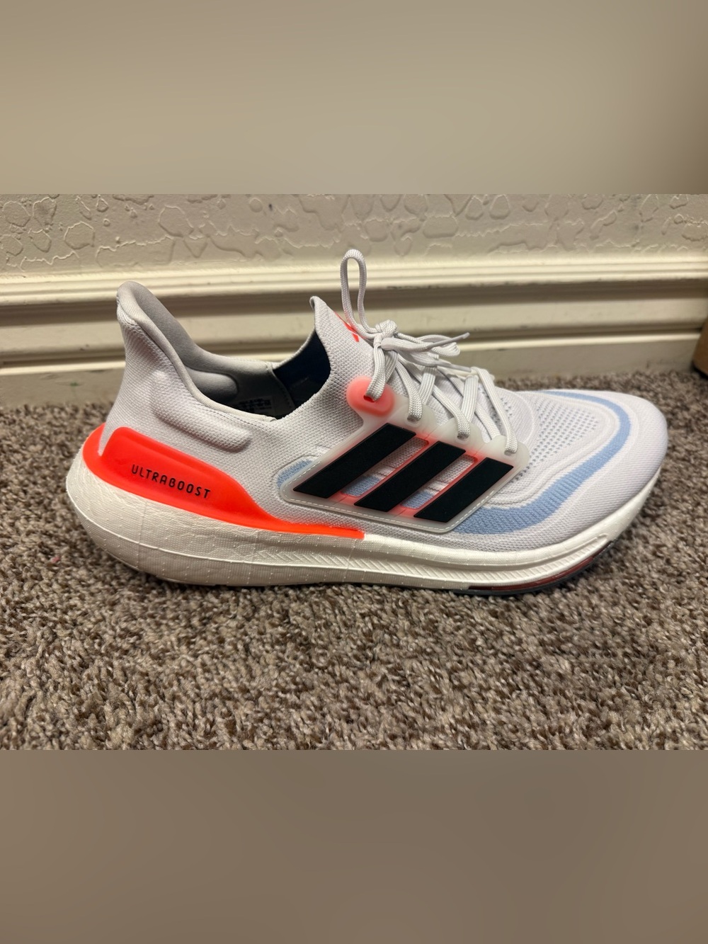 adidas Men’s ultraboost White Running Shoes with Neon Coral and Black Stripes